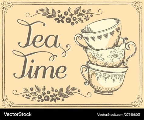 Tea time with cute cups freehand drawing sketch Vector Image