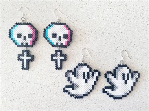 Halloween Earrings Ghosts And Skulls 8bit Pixel Perler Beads Etsy Canada Artofit