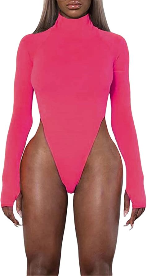 Gembera Womens High Cut Long Sleeve Sexy Neon Bodysuit Thong Leotard