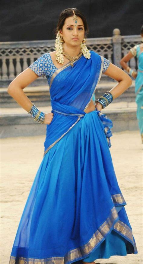 Actresses Saree Pics And Wallpapers Trisha Blue Half Saree Wallpapers