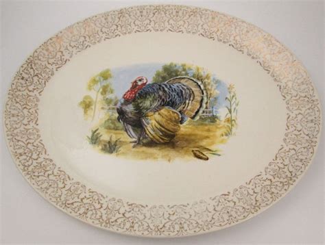 Homer Laughlin Rhythm Thanksgiving Turkey Platter 16 Inch Oval Gold