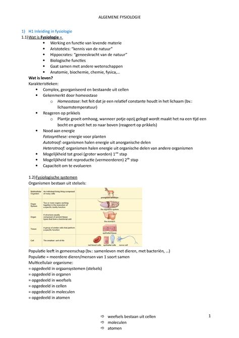 Algemene Fysiologie Hele Samenvatting Van Alle Lessen Met