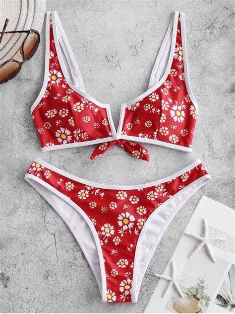 66 OFF 2021 ZAFUL Daisy Print V Wired High Leg Bikini Swimsuit In