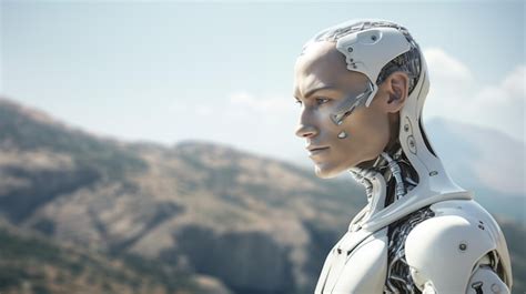 Robot Humanoide Blanco Contra El Fondo De La Naturaleza Foto Premium