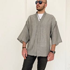 Men S Haori Kimono Jacket Lightweight Cotton Striped Noragi