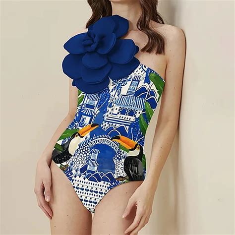 3d Flower Fashion Print One Shoulder Single Piece Swimwear Retro