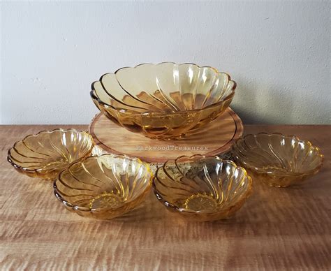 Vintage Amber Glass Bowls Salad Serving Bowl Set Golden Swirl By Hazel Atlas Etsy