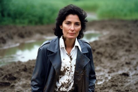 Premium AI Image Mature Woman In Black Leather Jacket And Mud Boots Standing In Field