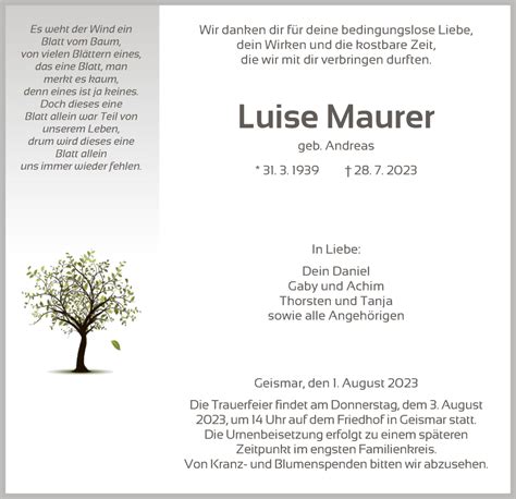 Traueranzeigen Von Luise Maurer Trauer Hna De