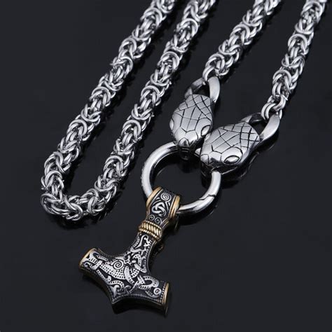 Norse Viking Stainless Steel Snake Chain Thor Hammer Mjolni Pendant