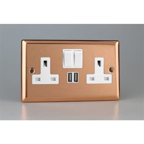 Varilight Urban 2 Gang 13a Single Pole Switched Socket 2x5v Dc 2100ma Usb Charging Ports White