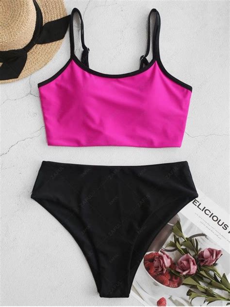 Zaful Neon High Cut Double Strap Piping Tankini Swimsuit In