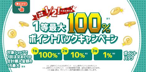 楽天対象店舗、1000円以上のお買い物で、2分の1の確率で最大100％ポイントバックが当たります。1 20限定＆1 31まで。