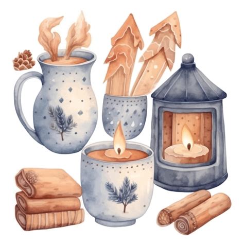 Premium Vector Watercolor Set Clipart Cozy Winter Hygge Candle Cone