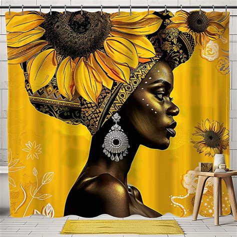 Black Woman Artful Afro Sunflowers Shower Curtain Set Yellow Bathroom