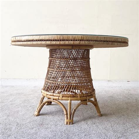 Boho Chic Buri Rattan Circular Glass Top Dining Table At 1stdibs