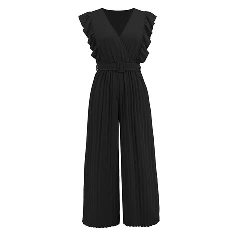 Formal Belted Ruffle Pleated V Neck Wide Leg Palazzo Jumpsuits For Wom Sunifty