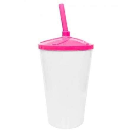 Copo Twister de Acrílico Branco c Tampa e Canudo Rosa 550ml Só