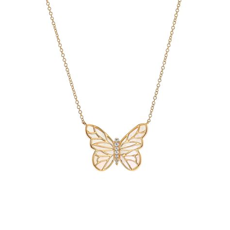 K Yellow Gold Mother Of Pearl And Diamond Butterfly Necklace