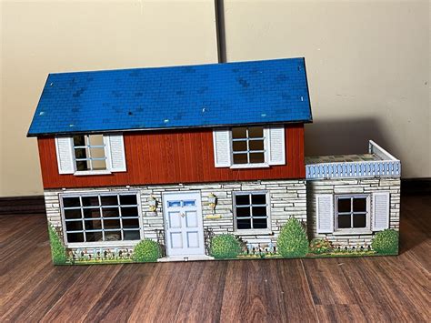 Vintage Marx 1950 60s Tin Metal 2 Story Colonial Dollhouse Lithograph Toy Patio Ebay