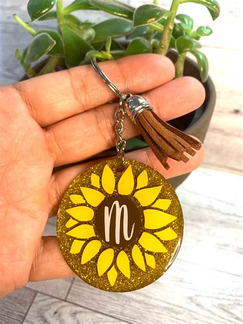 Personalized Sunflower Keychain With Tasselgold Glitter Sunflower Keychainpersonalized