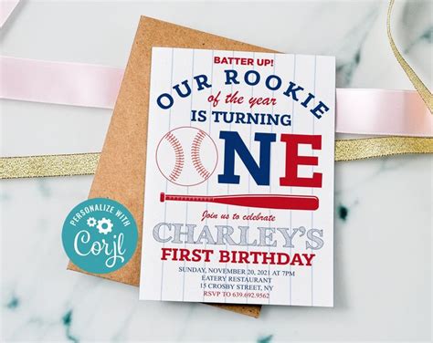 Editable Baseball First Boy Birthday Invitation Boy Rookie Of The Year