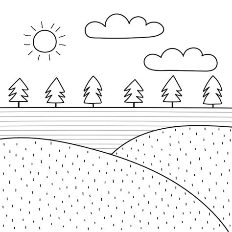 Premium Vector | Black and white meadow landscape in cartoon style ...