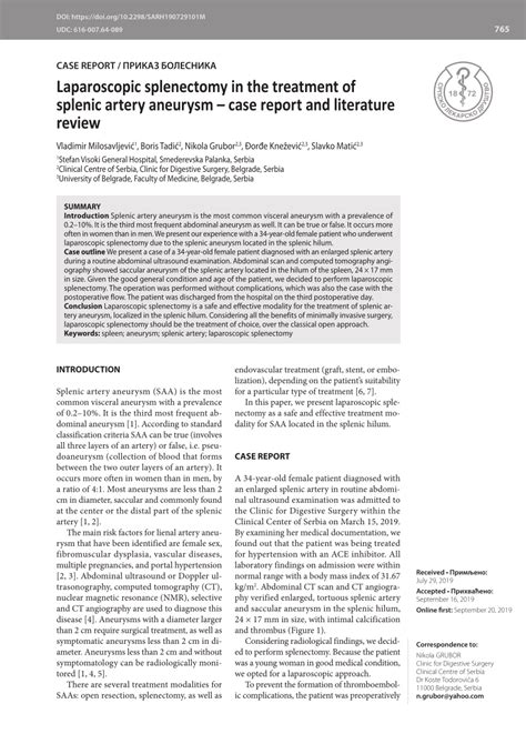 Pdf Laparoscopic Splenectomy In The Treatment Of Splenic Artery Aneurysm Case Report And