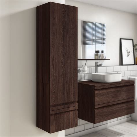 Grade A2 Dark Wood Effect Wall Mounted Tall Bathroom Cabinet 400mm Boston Better Bathrooms