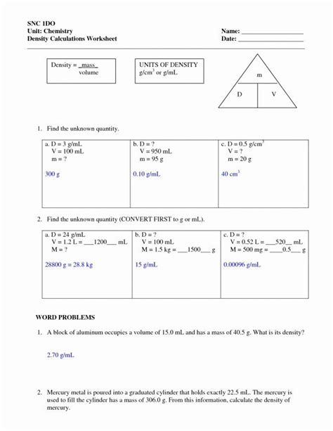 Density Worksheet with Answers | Química