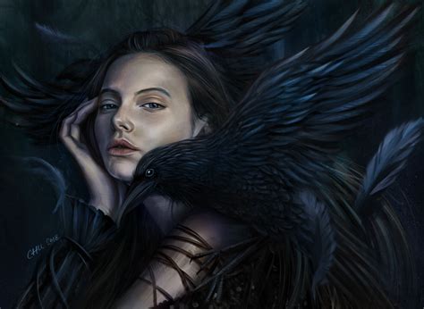 2560x1700 Fantasy Girl With Crow On Her Shoulder Chromebook Pixel Hd