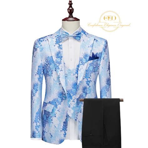 Piece Heaven Blue Floral Hyancinth Single Breasted Tuxedo With Black