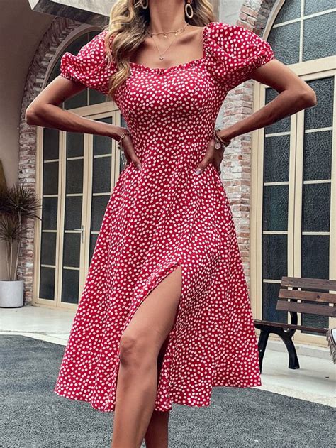 Ditsy Floral Print Puff Sleeve Split Thigh Dress Shein Usa