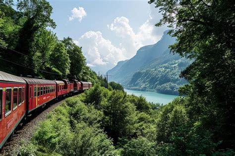 Premium Photo A Red Train Traveling Through A Lush Green Forest