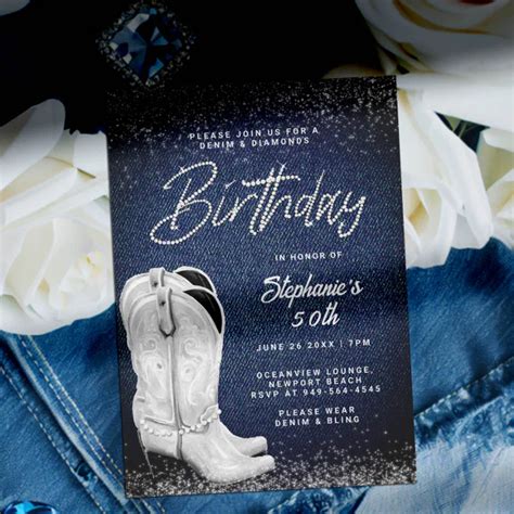 Denim Diamonds Cowgirl Boots Bling Th Birthday Invitation Zazzle