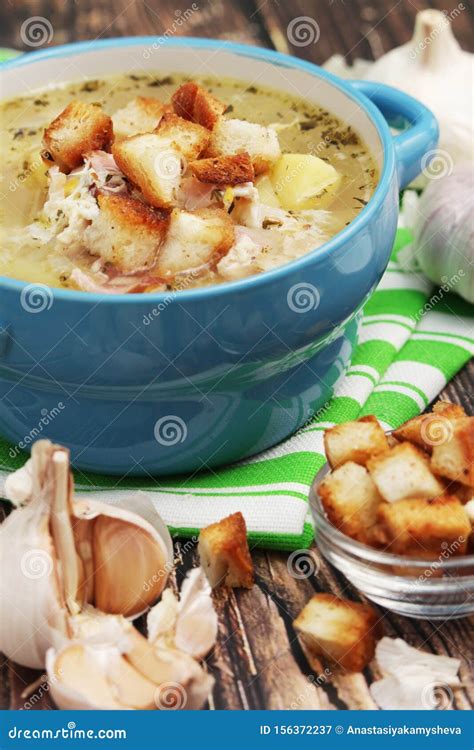 A Bowl With Traditional Czech Garlic Soup Cesnecka Stock Image Image