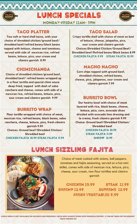 Lunch Specials Fajitagrande Hagerstown