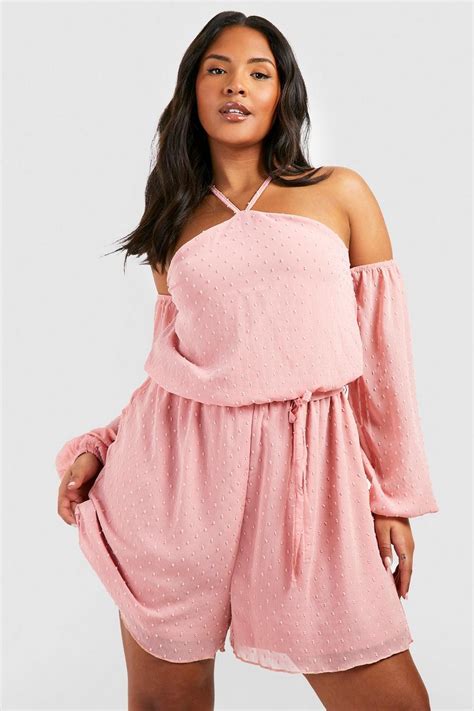 Plus Dobby Cold Shoulder Flippy Playsuit Boohoo Uk