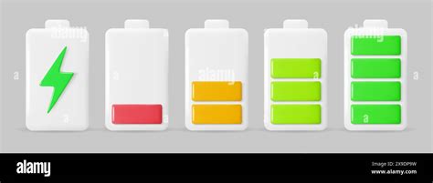 Set Of 3d Battery Charge Indicators With Charge Levels Energy Power Symbols Vector