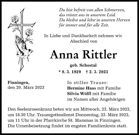 Traueranzeigen Von Anna Rittler Augsburger Allgemeine Zeitung