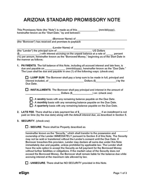 Free Arizona Promissory Note Template PDF Word