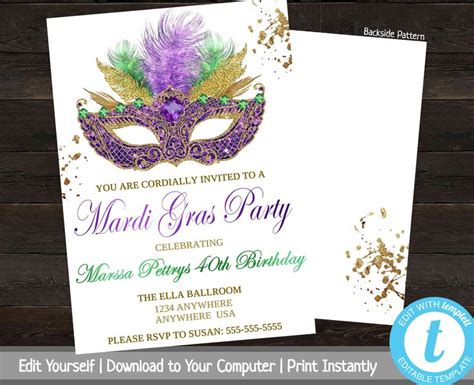 Mardi Gras Mask Birthday Party Invitation With Purple Green And Gold