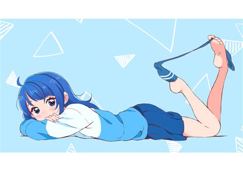 Safebooru 1girl Alternate Hairstyle Arm Pillow Azure Blue T Shirt Barefoot Blue Background