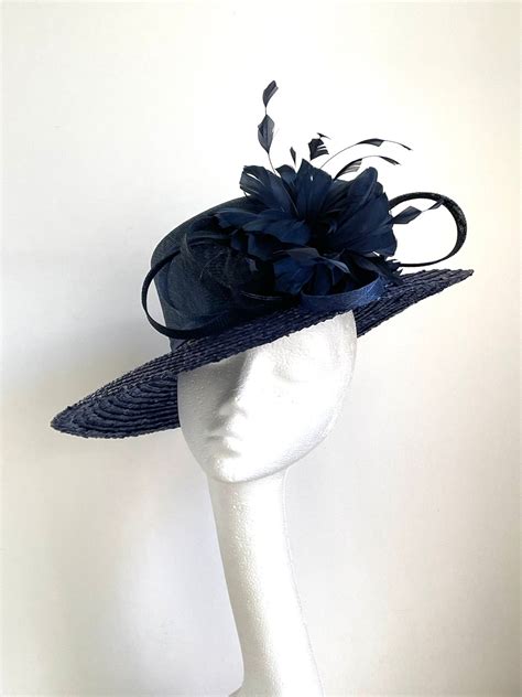 Navy Blue Hat Navy Blue Wide Brim Feather Flower Hat Wide Brim Wedding Hatnavy Blue Wedding