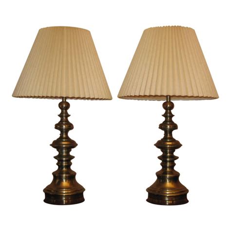 Stiffel Antique Brass Metal Table Lamps With Off White Pleated Lamp Shades A Pair Chairish