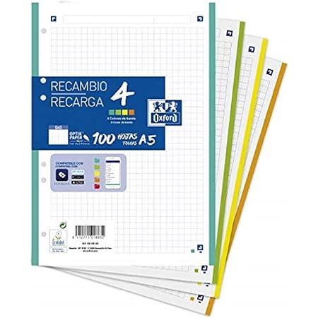 Oxford Hojas Cuadriculadas A4 Recambio Archivador 100 Hojas