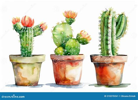 Watercolor Cactus In Pot Water Color Succulent Mexican Cacti Drawing Cute Succulent Stock