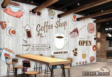 White Wooden Wall Graphic Design Coffee Shop Restaurant Art Wall Mural ...