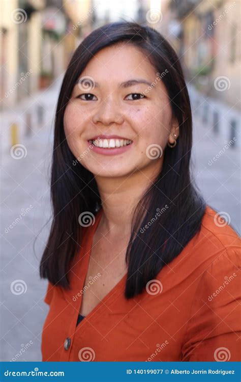 Asian Woman Smiling Outdoors Headshot Stock Image Image Of City