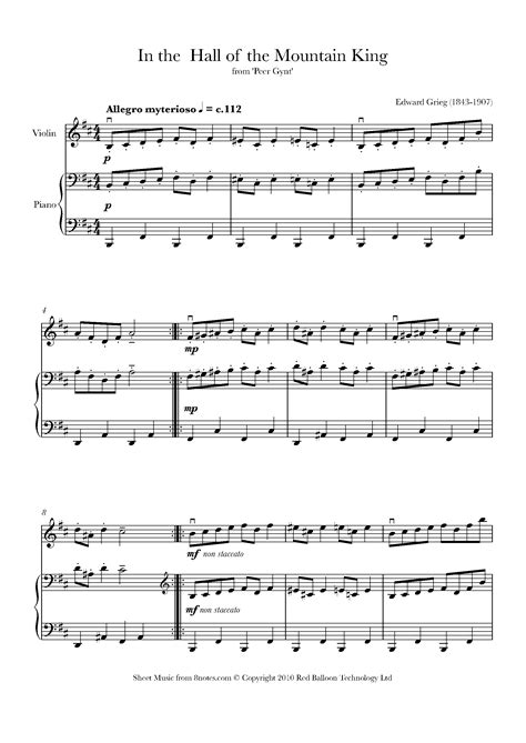 Grieg In The Hall Of The Mountain King Sheet Music For Violin